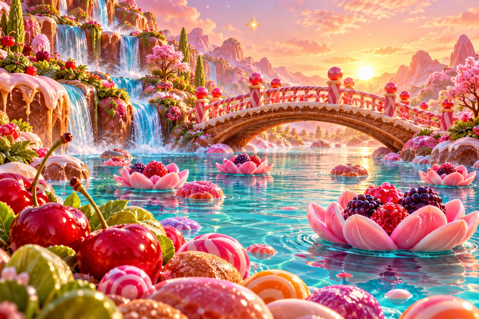 Dawn reflections in Jorevumi's illustrated fruit and confectionery world
